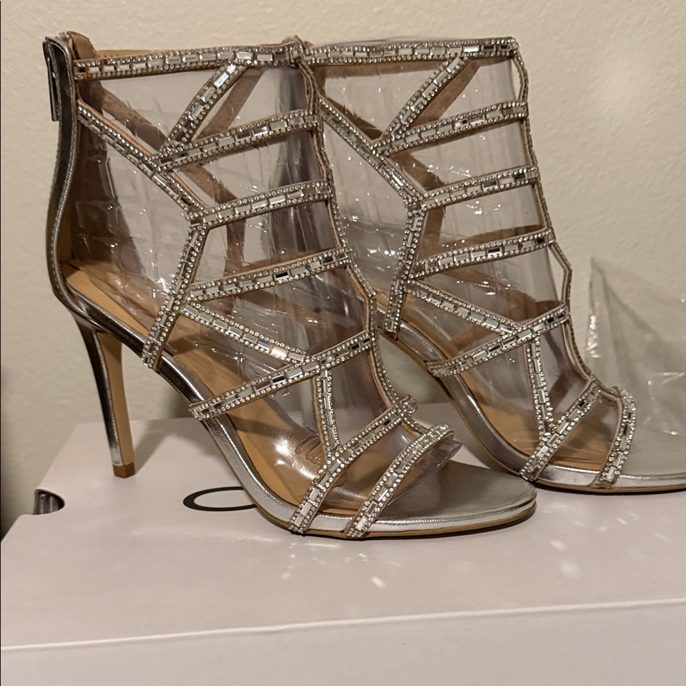 Aldo Silver Crystal Cage Stiletto Ankle Heels -height 4”